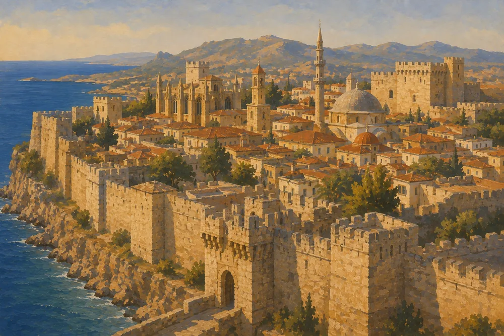 Gemalte befestigte Altstadt von Rhodos mit Stadtmauern, roten Ziegeldächern und Minarett